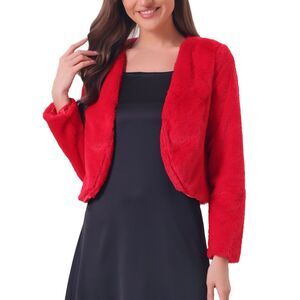 Cropped Jacket Faux Fur Long Sleeve Open Front Bolero Winter Coat Red